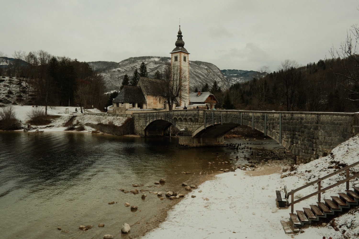 At the snowy Bohinj Lake